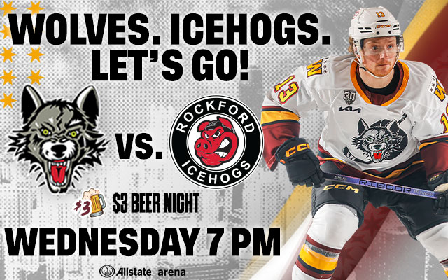 <h1 class="tribe-events-single-event-title">It’s $3 Beer Night this Wednesday at the Chicago Wolves vs Rockford IceHogs Game!</h1>