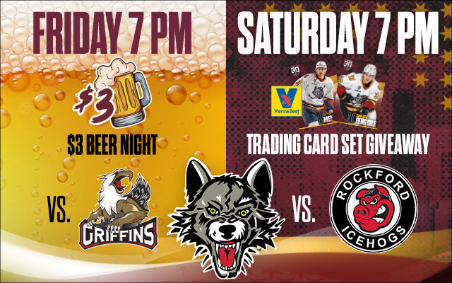 <h1 class="tribe-events-single-event-title">Friday is $3 Beer Night and Saturday it’s Chicago Wolves vs Rockford IceHogs!</h1>